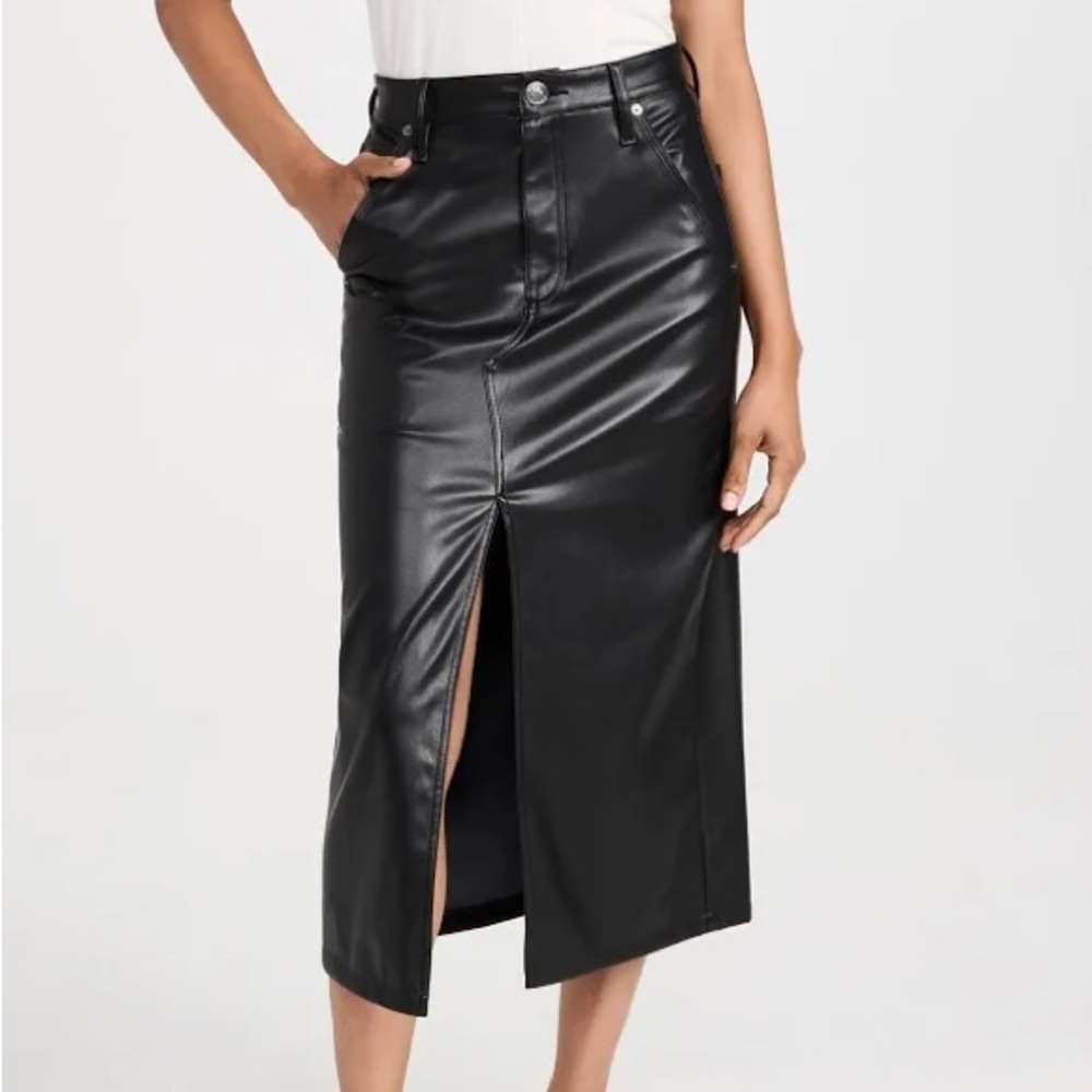 Rag & Bone Black Faux Leather Midi Skirt with Front Slit